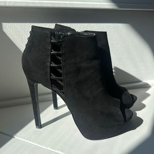 Black open toe heeled booties